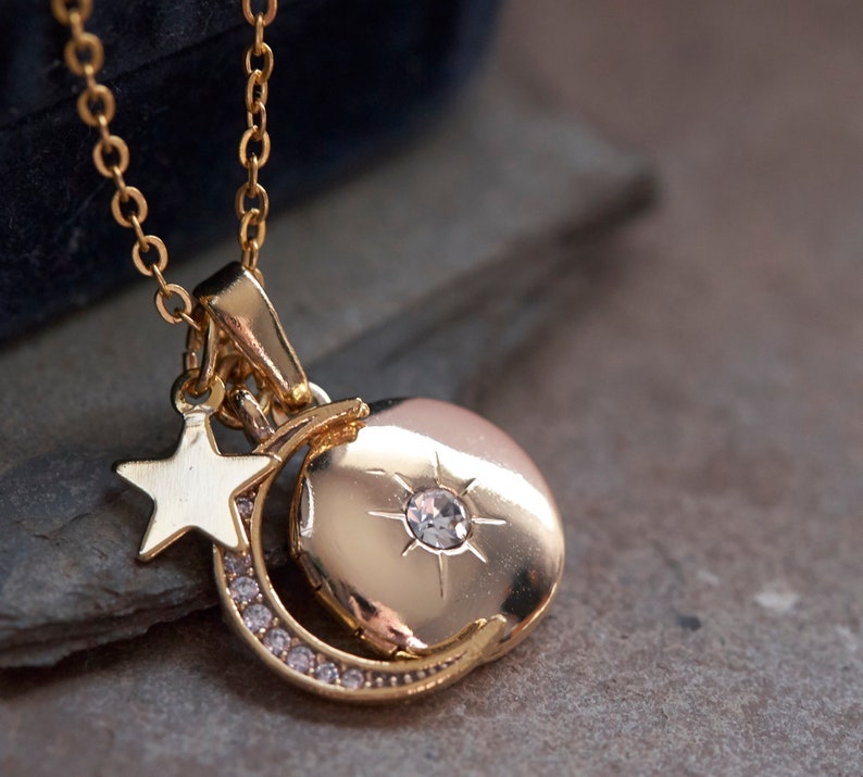 Moon necklace, Locket necklace, Photo locket, Celestial jewelry, Picture locket, Half moon necklace, Crescent moon locket, Gift For mom 