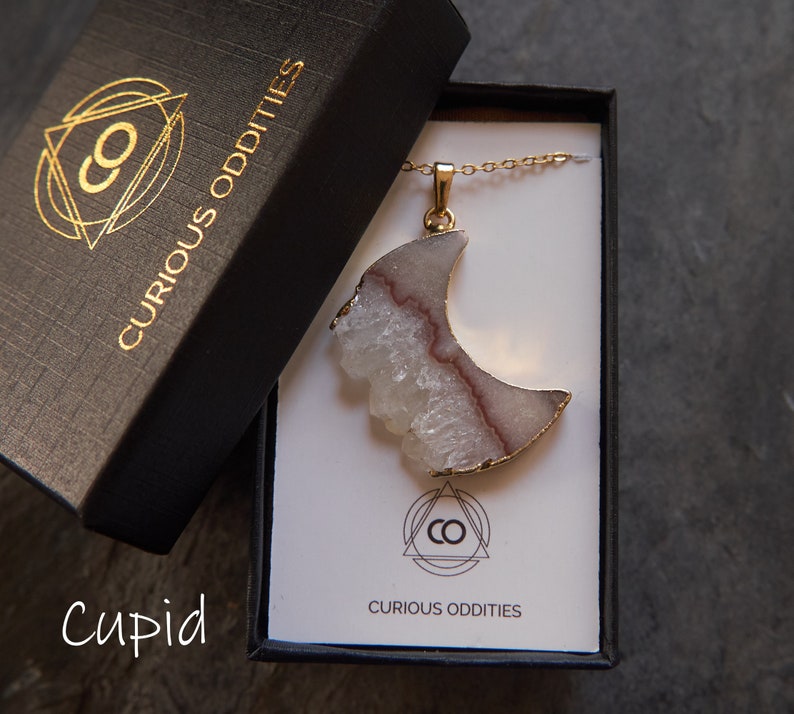 Druzy Moon pendant, Crystal moon necklace, Moon jewelry, Raw crystal necklace, Half moon Quartz necklace, Raw crystal jewelry Cupid gold moon