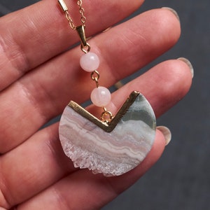 Pink pendulum necklace, Rose quartz statement necklace, Raw quartz jewelry, Gift for mom, Boho jewelry, Geometric Jewelry, Pastel agate image 9