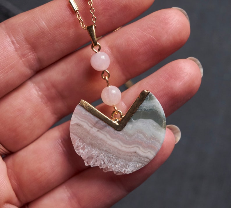 Pink pendulum necklace, Rose quartz statement necklace, Raw quartz jewelry, Gift for mom, Boho jewelry, Geometric Jewelry, Pastel agate image 9