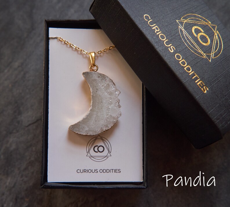 Druzy Moon pendant, Crystal moon necklace, Moon jewelry, Raw crystal necklace, Half moon Quartz necklace, Raw crystal jewelry Pandia gold moon