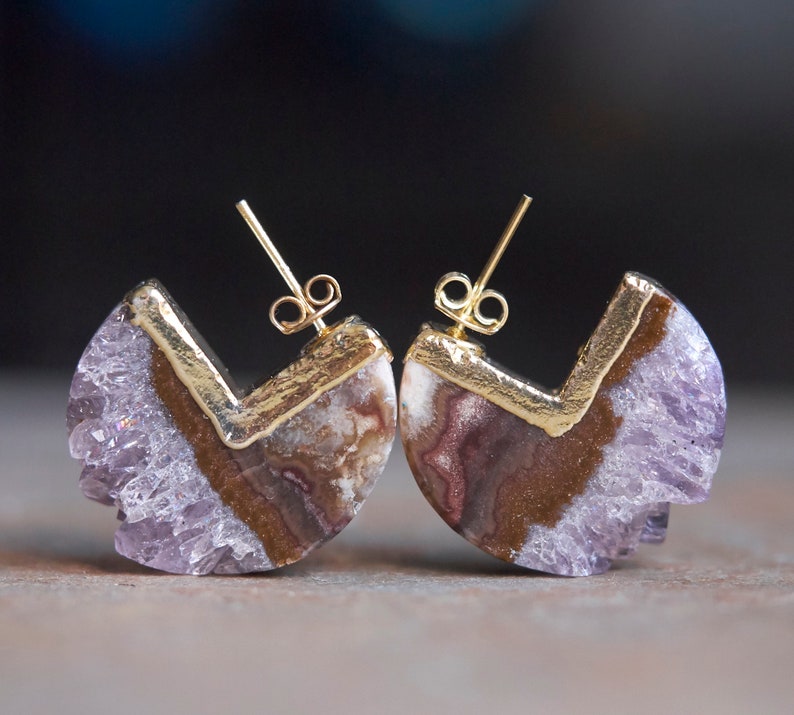 Amethyst earrings, Raw crystal earrings, February birthstone, Statement earrings, Boho earrings, Raw stone jewelry, Gemstone earrings, E118 image 10