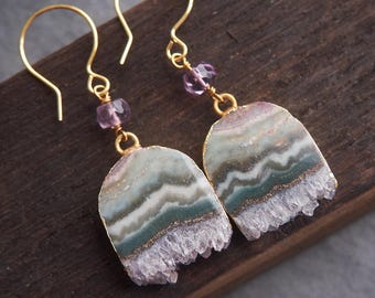 Raw Amethyst Crystal Earrings: Gold Edge Stone Jewelry