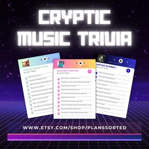Puede incluir: Tres tarjetas de juego de trivia musical con el texto "CRYPTIC MUSIC TRIVIA". Las tarjetas están etiquetadas como "Digital Twenty Tens", "Electric Eighties" y "Nineties Number 1". Cada tarjeta tiene un tema de trivia de lista de reproducción y un diseño retro.