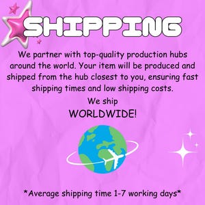 May include: A pink background with the word "SHIPPING" in large white letters. The text below states the item will be shipped from the closest hub, ensuring fast shipping times. The image also includes a globe with a plane and the words "WORLDWIDE!"