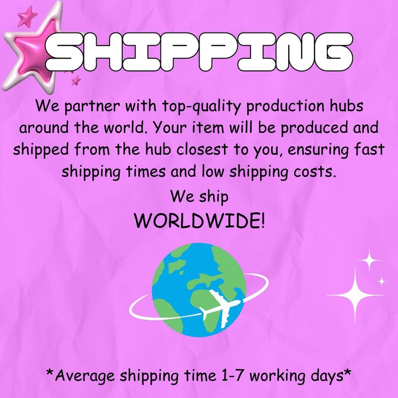 May include: A pink background with the word "SHIPPING" in large white letters. The text below states the item will be shipped from the closest hub, ensuring fast shipping times. The image also includes a globe with a plane and the words "WORLDWIDE!"