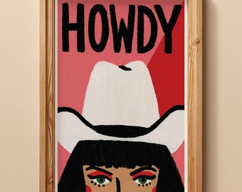 Howdy Cowgirl Wall Art, Pink Western Decor, Cowgirl Poster Print, Southwestern Artwork, Western Bedroom Decor