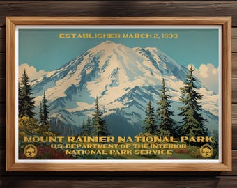 Póster del Parque Nacional Monte Rainier, paisaje horizontal, impresión de viaje a Washington, decoración del hogar, pintura mural, regalo de senderismo