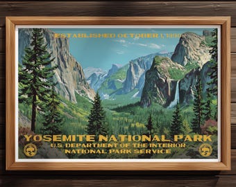 Póster del Parque Nacional de Yosemite, paisaje horizontal, impresión de viaje a California, decoración de montaña para el hogar, pintura vintage para pared, regalo de senderismo