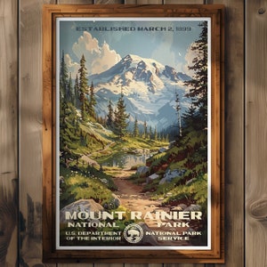 Póster del Parque Nacional Monte Rainier, impresión de viaje a Washington, decoración del hogar, pintura de arte mural, regalo de senderismo