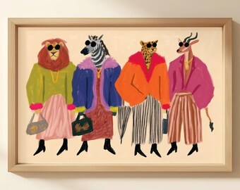 Whimsical Animal Fashion Art Print, Colorful Safari Wildlife Illustration, Eclectic Wall Decor for Kids Bedroom, Girls Nursery and Playroom