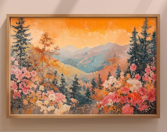 Dipinto di fiori selvatici al tramonto, stampa artistica di paesaggi vintage, decorazione murale delle Smokey Mountains, poster di arte botanica
