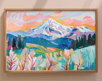 Pintura de flores silvestres del Monte Rainier, arte del Parque Nacional de Washington, impresión colorida de un atardecer en la montaña, póster de decoración de pared de la naturaleza del Pacífico Noroeste