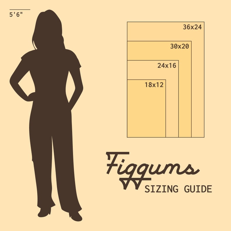 May include: A sizing guide graphic with a silhouette of a person next to rectangular panels labeled with dimensions. The panels are 18x12, 24x16, 30x20, and 36x24 inches. The text "Figgums Sizing Guide" is at the bottom.