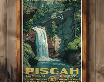 Peut inclure: Une affiche encadrée représentant une illustration paysagère d'une cascade dans la forêt nationale de Pisgah. Le texte indique ESTABLISHED OCTOBER 17, 1916, PISGAH NATIONAL FOREST, U.S. DEPARTMENT OF AGRICULTURE et UNITED STATES FOREST SERVICE.