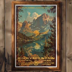 Affiche du parc national des montagnes Rocheuses, impression de voyage dans le Colorado, décoration d'intérieur, art mural, peinture, cadeau de randonnée