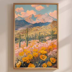 Wüstenblume Kaktus Vintage Wildblumen Landschaftsmalerei, Goldmohn Landschaft Kunstdruck, Südwesten Wandkunst, botanische Kunst Poster