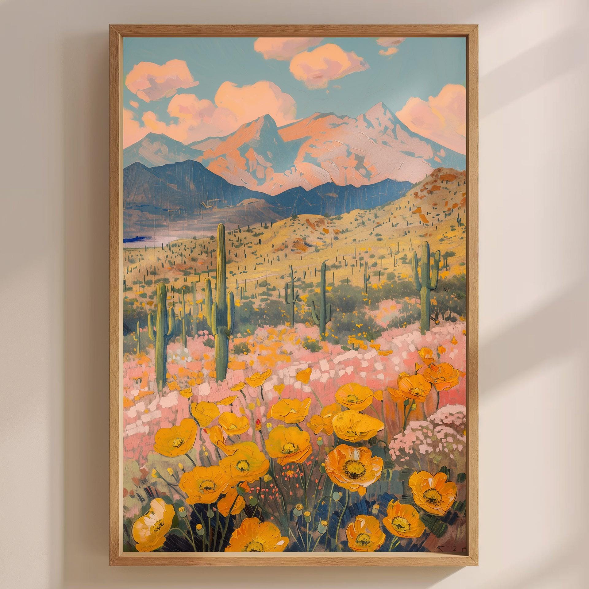 Wüstenblume Kaktus Vintage Wildblumen Landschaftsmalerei, Goldmohn Landschaft Kunstdruck, Südwesten Wandkunst, botanische Kunst Poster
