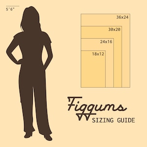 Pode incluir: Um guia de tamanhos para uma marca de roupas chamada Figgums. O guia mostra uma silhueta de uma pessoa em p&eacute; ao lado de um gr&aacute;fico com diferentes tamanhos de ret&acirc;ngulos etiquetados com dimens&otilde;es em polegadas. O ret&acirc;ngulo maior &eacute; de 36 polegadas por 24 polegadas, e o menor &eacute; de 18 polegadas por 12 polegadas.