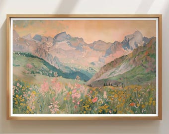 Wildflower Mountain Vintage Wildflower Field Landscape Painting, Vintage Landscape Art Print, Country Field Wall Art, Botanical Art Poster