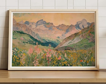 Wildflower Mountain Vintage Wildflower Field Landscape Painting, Vintage Landscape Art Print, Country Field Wall Art, Botanical Art Poster