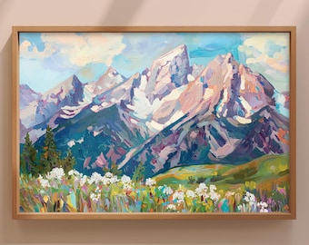 Cuadro de montaña del Parque Nacional Grand Teton, arte mural de Wyoming, impresión de paisaje vintage, arte de flores silvestres alpinas, póster de decoración natural