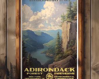 Peut inclure: Une affiche vintage encadrée représentant le paysage de la réserve forestière d'Adirondack à New York. L'affiche montre des montagnes, un lac et des arbres, avec le texte "ESTABLISHED MAY 23, 1963".