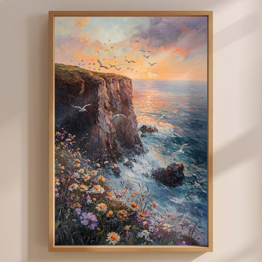 Sea Cliff Wildflowers Painting, Vintage Landscape Art Print, Coastal ...
