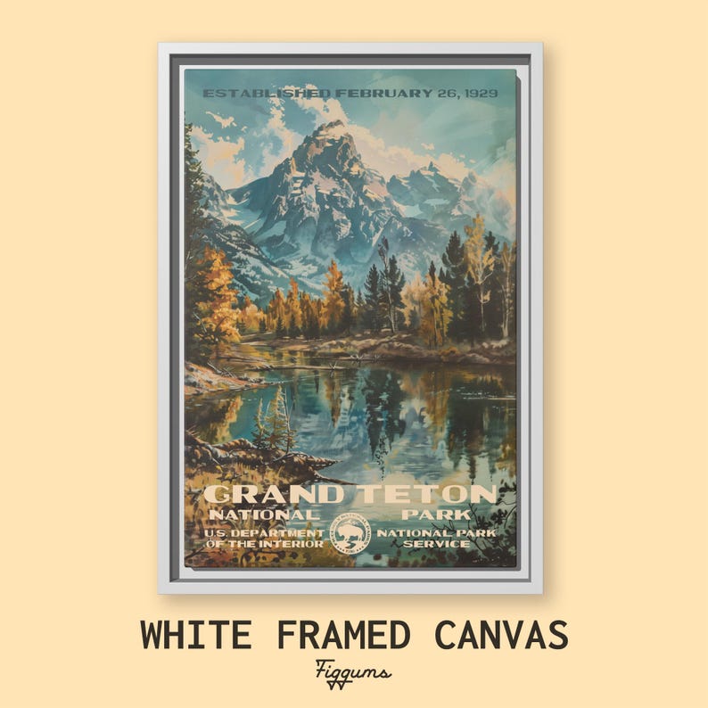 Pôster do Parque Nacional Grand Teton, Impressão de Viagem do Wyoming, Decoração para Casa do NPS, Pintura de Arte de Parede, Presente para Trilhas Framed Canvas White