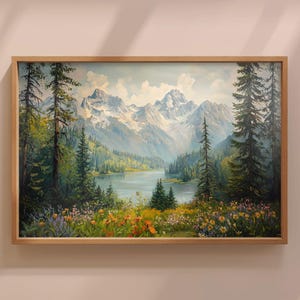 Pintura de paisaje de flores silvestres de las montañas del Pacífico Noroeste, impresión artística de paisaje vintage, arte mural de Washington, póster de arte botánico