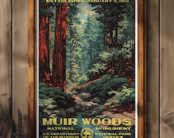 Póster del Monumento Nacional Muir Woods, impresión artística de pared de secuoyas de California, decoración vintage del NPS para el hogar, regalo de pintura de senderos naturales