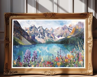Pintura del lago Moraine del Parque Nacional Banff, arte mural de montaña canadiense, lámina de flores silvestres alpinas, decoración de paisaje vintage, póster de naturaleza