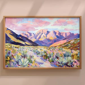 Sandia Mountains Sonnenuntergang Gemälde, Albuquerque Wüste Landschaft Kunst, New Mexico Yucca & Wildblumen Druck, Südwest Wand Dekor