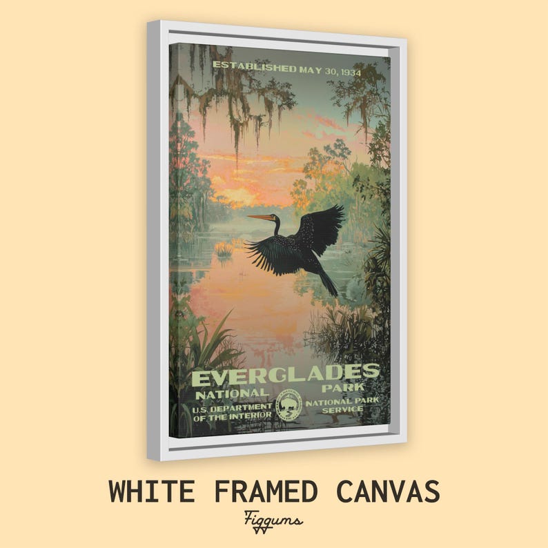 Everglades National Park Poster, Florida Travel Print, Home Decor, Wall Art Painting, Hiking Gift Framed Canvas White