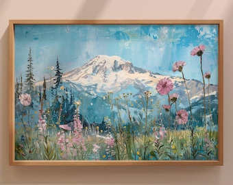 Dipinto di fiori selvatici di Rainier Flowers, stampa d'arte paesaggistica vintage, arte murale del Monte Rainier, Washington, poster di arte botanica