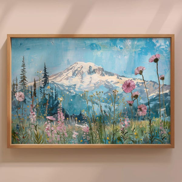 Rainier Flowers Wildflower Painting, Vintage Landscape Art Print, Mount Rainier Washington Wall Art, Botanical Art Poster