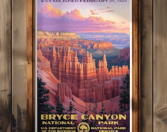 Póster del Parque Nacional Bryce Canyon, impresión de viaje a Utah, decoración del hogar, pintura mural, regalo de senderismo