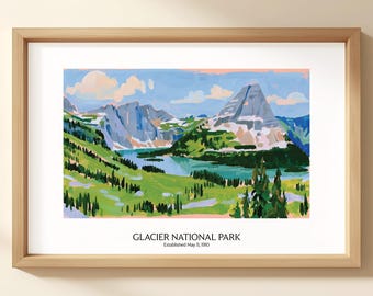 Glacier National Park Poster, Hidden Lake Overlook Painting, Montana Travel Print, Logan Pass Wall Art, Mountain Landscape, Hiking Gift