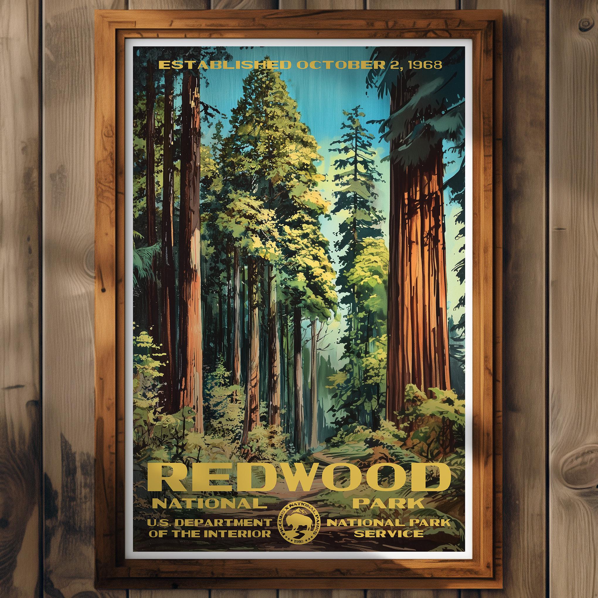 Redwood National Park Poster, California Travel Print, Home Decor, Wall Art Painting, Hiking Gift