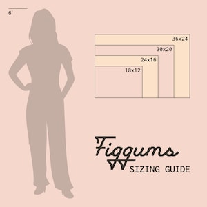 Pu&ograve; includere: Una guida alle taglie per l'abbigliamento con una donna in piedi accanto a una tabella che mostra diverse taglie in pollici. La tabella mostra le taglie 18x12, 24x16, 30x20 e 36x24. Il testo "Figgums Sizing Guide" &egrave; in fondo alla tabella.