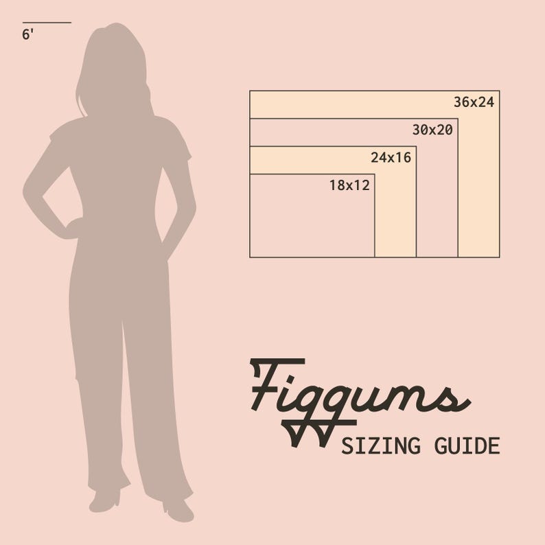 Pu&ograve; includere: Una guida alle taglie per l'abbigliamento con una donna in piedi accanto a una tabella che mostra diverse taglie in pollici. La tabella mostra le taglie 18x12, 24x16, 30x20 e 36x24. Il testo "Figgums Sizing Guide" &egrave; in fondo alla tabella.