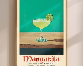 Margarita Cocktail Print, Vintage Wall Art, Retro Tequila Bar Poster, Kitchen Art, Classic Liquor Advertising, College Dorm Room Decor