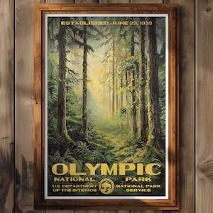 Póster del Parque Nacional Olímpico, impresión de viaje a Washington, decoración del hogar, pintura de arte mural, regalo de senderismo