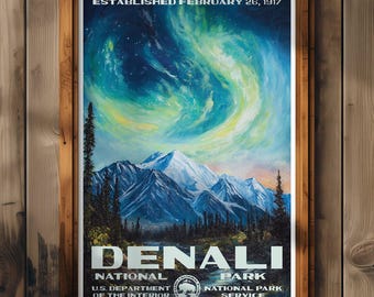 Póster del Parque Nacional Denali, impresión de viaje a Alaska, decoración del hogar, pintura mural, regalo de senderismo