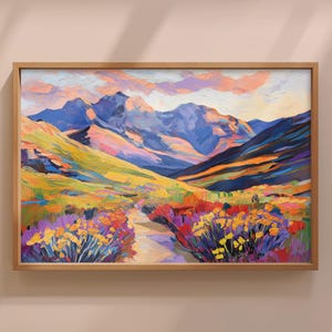 May include: A colorful landscape painting with a path leading through a field of yellow flowers. The mountains in the background are painted in shades of blue, purple, and green. The sky is a soft pink and orange.