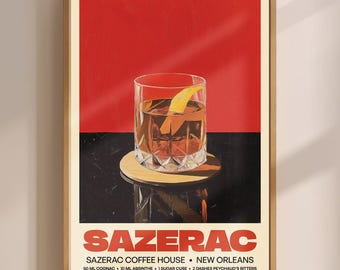 Impresión de cóctel Sazerac, arte mural vintage, póster retro de bar de whisky, arte de cocina, publicidad clásica de licores, decoración de dormitorios universitarios