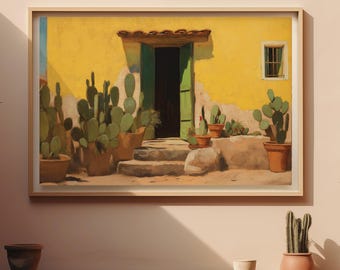 May include: A painting of a yellow building with a green door and cacti in front. The building has a small window with white bars. The cacti are in terracotta pots.