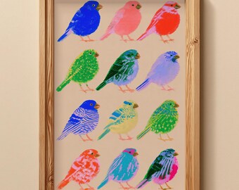Colorful Birds Art Print, Whimsical Folk Painting, Mid Century Modern Wall Decor, Bright Eclectic Poster for Kitchen, Nursery or Living Room