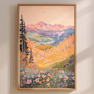 Pintura de flores silvestres de Pink Peaks, lámina artística de paisaje vintage, arte mural del Parque Nacional de las Montañas Rocosas, póster de arte botánico