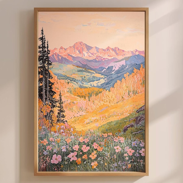 Pintura de flores silvestres de Pink Peaks, lámina artística de paisaje vintage, arte mural del Parque Nacional de las Montañas Rocosas, póster de arte botánico